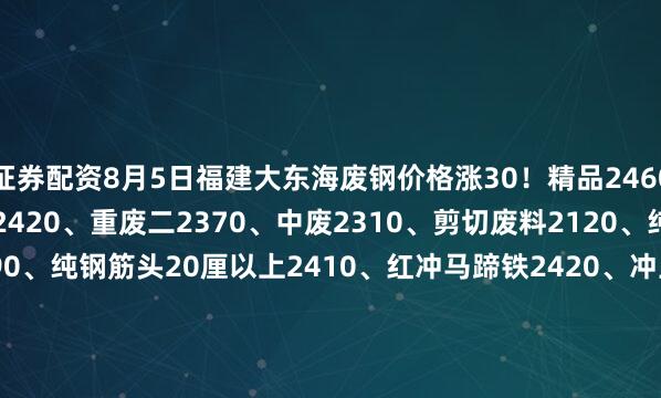 证券配资8月5日福建大东海废钢价格涨30！精品2460、优质2440、重废一2420、重废二2370、中废2310、剪切废料2120、纯钢筋头10-18厘2390、纯钢筋头20厘以上2410、红冲马蹄铁2420、冲豆2410-2460.钢筋切粒2460、压扁管2310、冲板小压块2290、1米2钢筋压块2330、1米5钢筋压块2280。